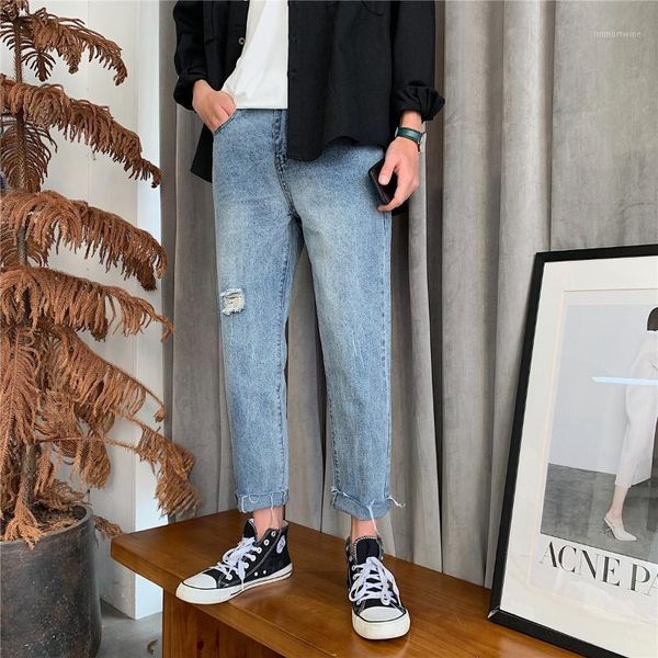 

harajuku wind hole beggar pants men's korean loose straight jeans fashion brand light color thin ankle-length pants1, White;black