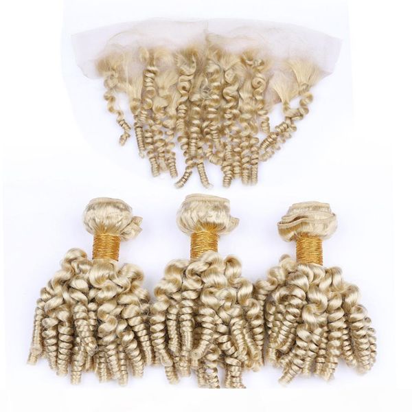 

virgin brazilian human hair blonde aunty funmi weaves with frontal 3bundles #613 blonde romance curly hair wefts with 13x4 lace frontals, Black;brown