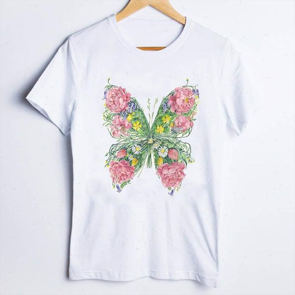 

tees for women print short sleeve flower elegant butterfly 90s casual ladies t shirt clothes lady clothing female t shirt, White