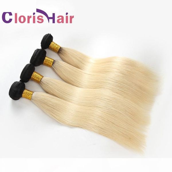 

blond ombre hair extensions 1b 613 two tone colored raw indian virgin silky straight human hair weave blonde ombre weaving 3 pieces, Black