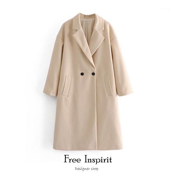 

women's wool & blends inspirit women's long coat winter arrival solid turn-down collar loose two buttons casual style thick overco, Black