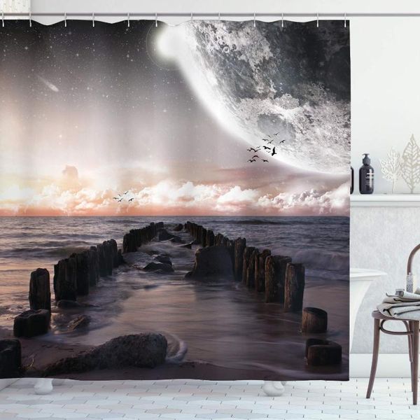 

space shower curtain moon fantasy planet beach with old pier with sea waves fiction eclipse sky landscape cloth fabric bathroom1