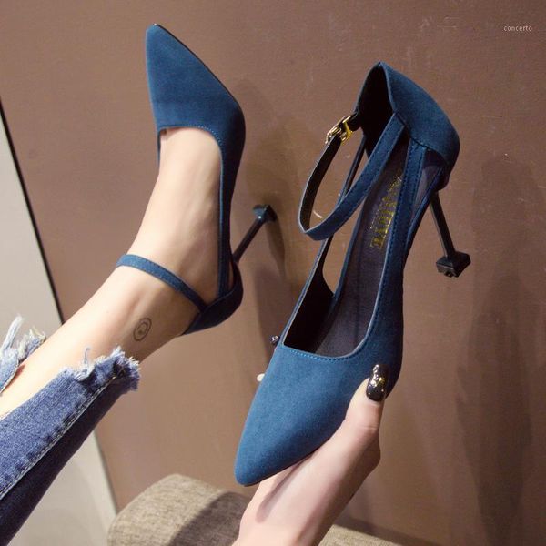 

2020 new pumps women's spring flock woman high heels strap female metal buckle pointed women shoes ladies footwear w37-791, Black