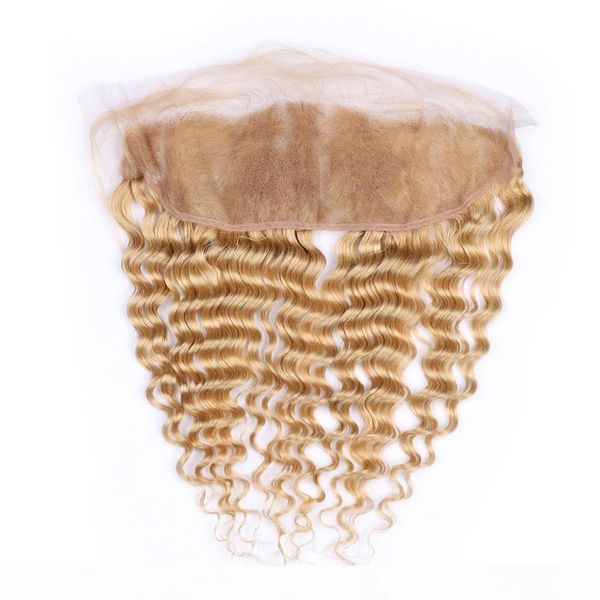 

#27 honey blonde peruvian virgin human hair full lace frontal with baby hairs deep wave blonde lace frontal closure 13x4 middle 3part, Black;brown