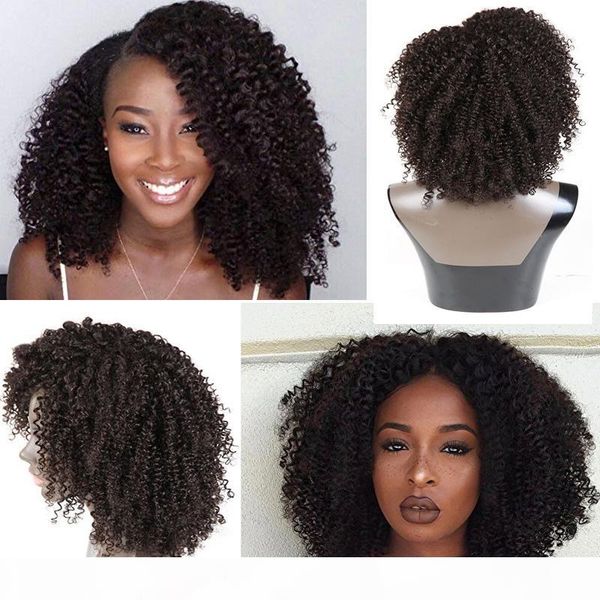 

natural afro kinky curly 100% human hair wigs for women lace front wigs 150% density pre plucked brazilian virgin remy hair, Black;brown