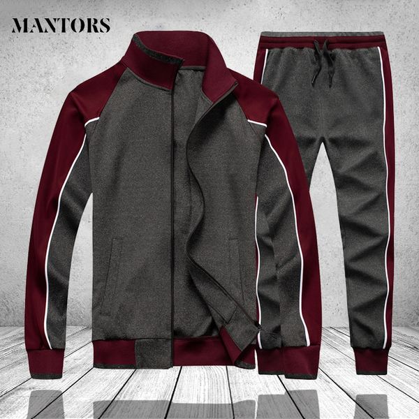 

patchwork men tracksuit winter spring 2 pcs fleece sweatshirt jackets pants mens track suit set gym joggers sportswear suit male 1004, Gray