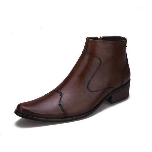 Botas artesanais Homens Formal tornozelo Couro Genuíno Pontilhado Toe High Saltos Side Zip Fashion Festa de Casamento Vestido Sapatos 37-441