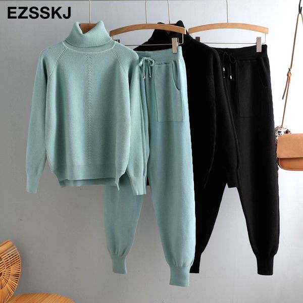 

casual 2 pieces sweater set women knitted turtleneck sweater + loose trousers chic pullover sweater+ knitted carrot pants set lj201125, White