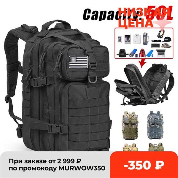 50L Большая мощность Мужчины Армия Военный Тактический рюкзак 3P Softback Открытый Водонепроницаемый Buck Ruckack Поход Кемпинг Охотничьи Сумки 220104