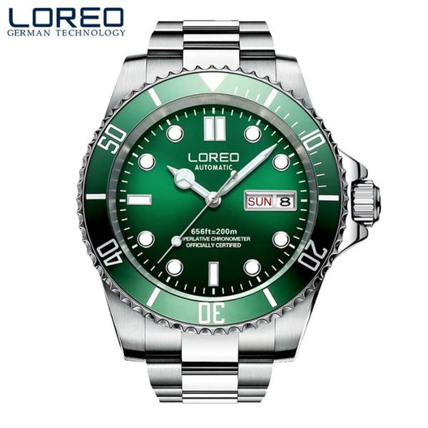 

loreo green dial mens casual diving sport watch waterproof 200m army automatic men's wrist watch clock, Slivery;brown