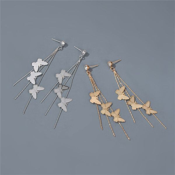 

20pairs/lot korean long pattern butterfly ear drop copper sweet animal dangle earring women crystal gold tassel stud earrings jewelry, Silver