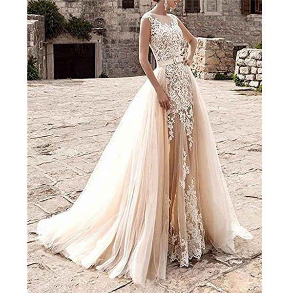 

2021 new vintage applique mermaid lasso dressed as sleeveless elegant wedding gown for bride with detachable train rzge, White