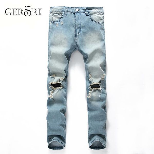 

gersri ripped jean pants biker skinny slim straight frayed denim knee hole trousers new fashion men clothes long pants big size1, Blue
