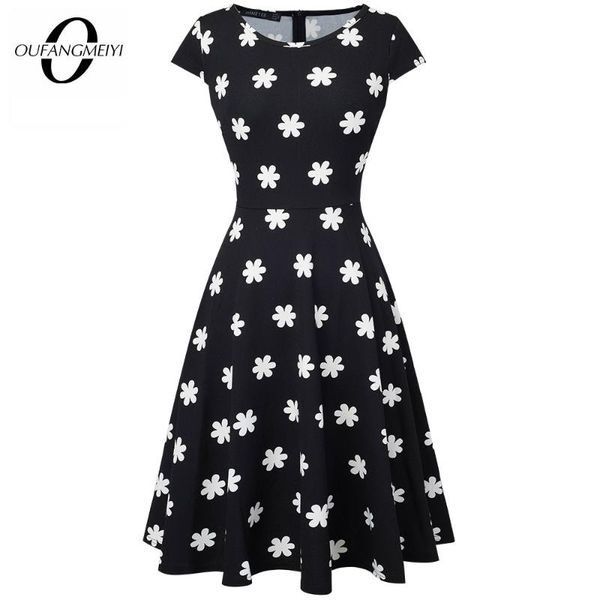 

casual dresses women summer elegant printed party dress retro a-line swing fashion ea153, Black;gray