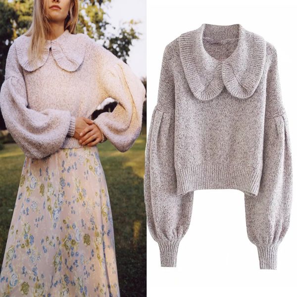 

2021 new women purple cropped knitted sweater woman autumn winter fashion ruffled collar puff long sleeves pullover 1r3y, White;black