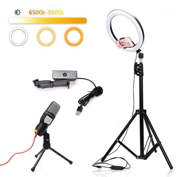 

video light dimmable led 26cm selfie ring light 3.5mm jack condenser microphone mini computer hd 1080p webcam for live broadcast1