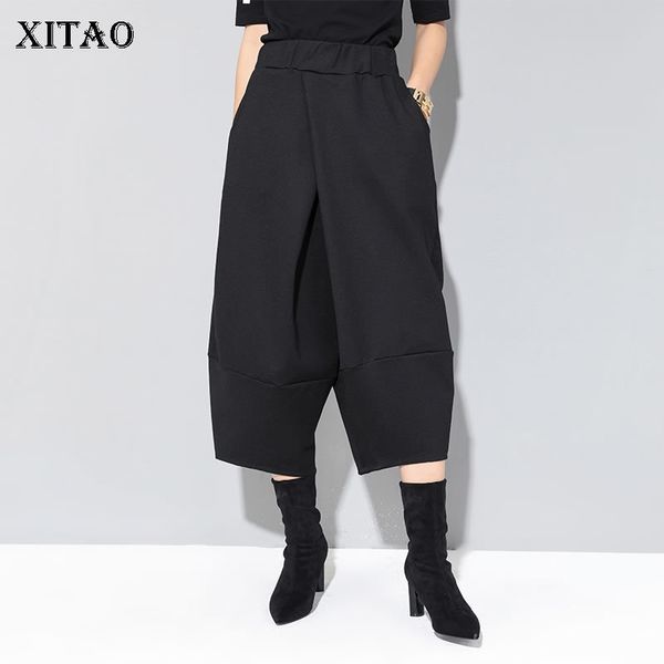 

[xitao] loose women europe fashion spring summer straight pants female solid color elastic waist calf-length pants zll2805 201031, Black;white