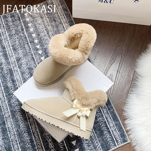 

boots women warm plush snow shoes bow-knot pearl abrasion resistant ankle non-slip on fashion plus velvet winter, Black