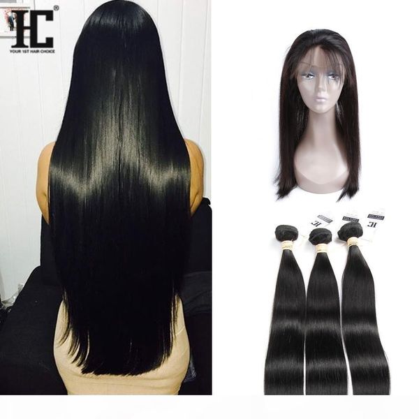 

hc hair brazilian human hair straight products with 360 lace frontal closure 3pcs brazilian virgin hair bundles with 360lace frontal closure, Black;brown