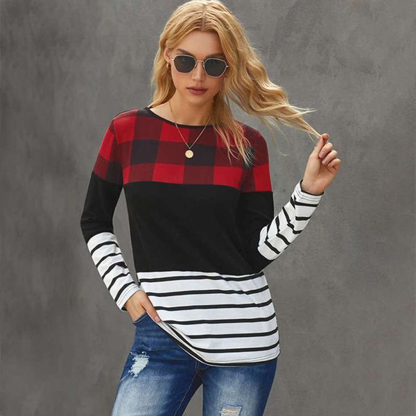 

t-shirt new autumn stripe stitching shiying street style round neck long sleeve women's 2521489, Black;gray