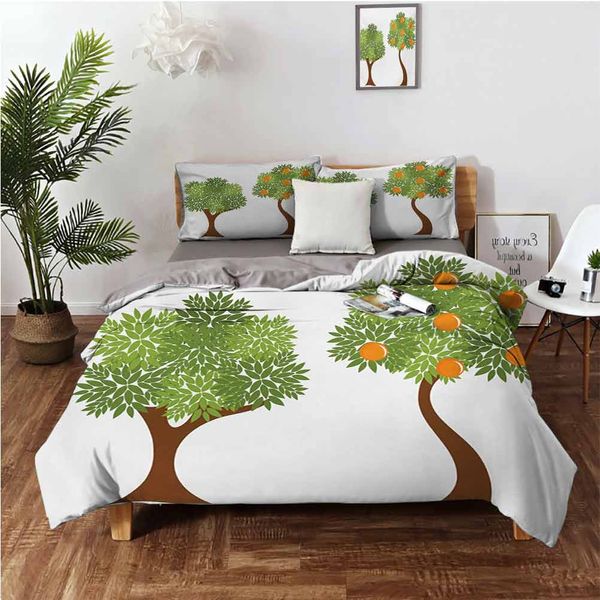 

two trees with fresh foliage leaves and oranges nature designbedding 3-piece set