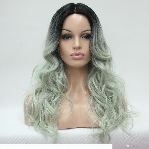 

do not cut lace front hivision heat-ok quality ombre black to celadon wavy long wig small edge lace front