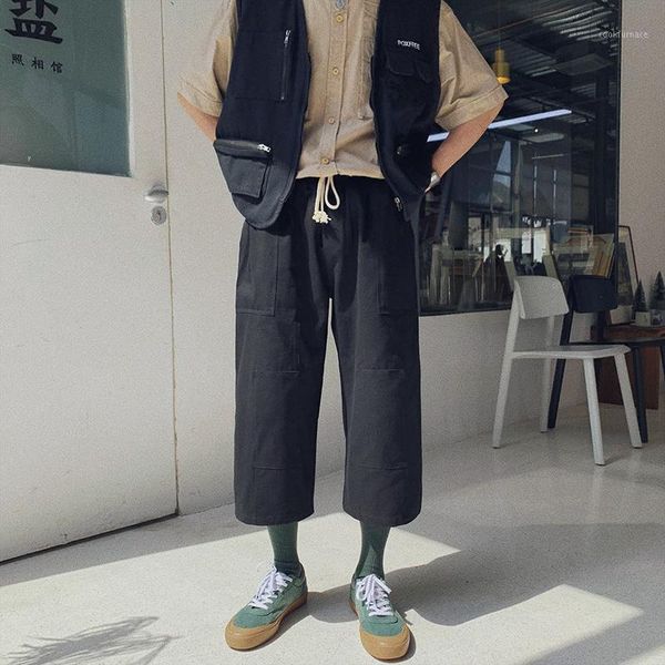 

2019 spring and summer new koreanversionof harajuku men's casual loose trend fashion european and american style croppedtrousers1, Black