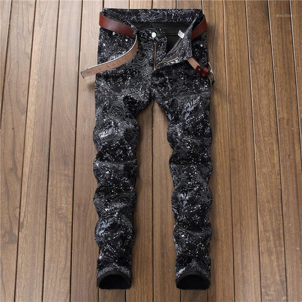 

men's jeans irregular stripe print men black denim pant trouser slim fit strechy fancy skinny1, Blue