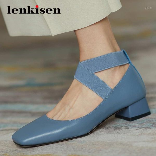 

dress shoes lenkisen vintage natural leather gorgeous square toe thick med heel elastic band classic young lady noble women pumps l6f11, Black