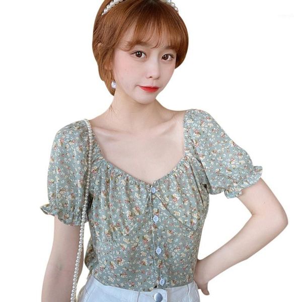 

women mini print shirts square collar sweet short sleeve chiffon blouse1, White