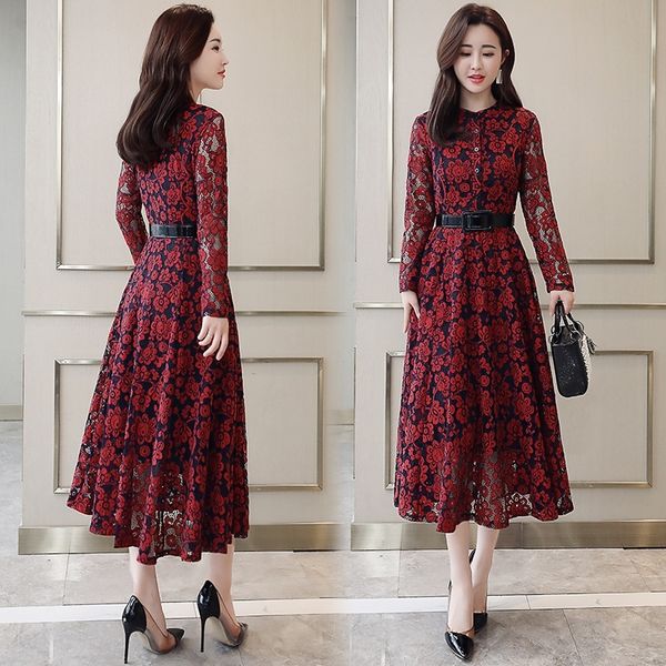 

kfnij new korean skirtlace standing collar of big skirt lace long skirtin spring and autumn women's 2019 dress fashion long sleeve big, Black;gray