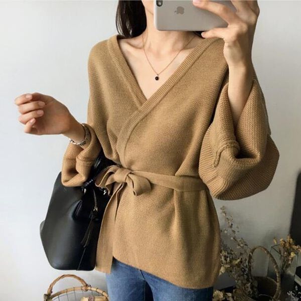 

autumn and winter new style women's pure color knitted bottoming shirt v-neck long sleeve waist closing wool students' cardigan t