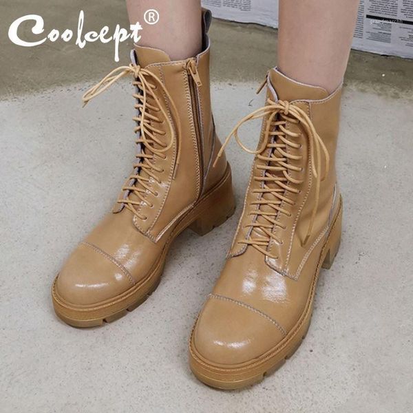 

boots coolcept women ankle thick heel real leather winter short fashion cool footwear size 34-431, Black