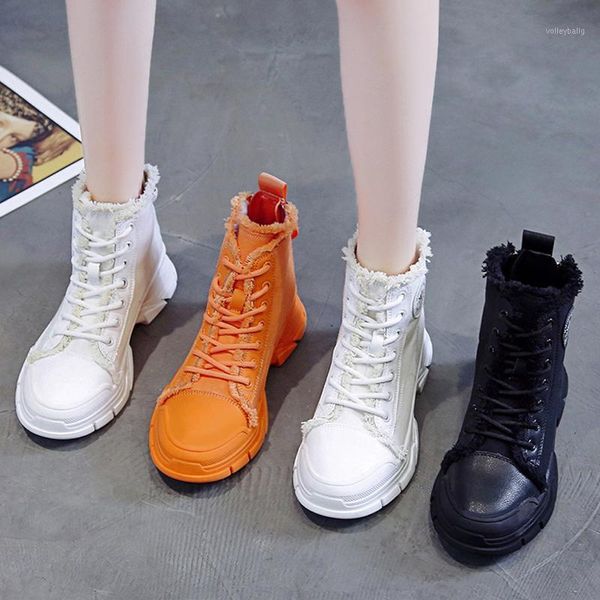 

women canvas platform boots women round toe back band strap ankle bottes femmes lace up tassel winter western boots for1, Black
