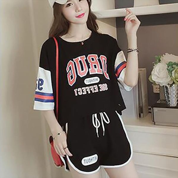 

2019 new casual sporting womens sets o neck letter print pullovers short sleeve t shirt loose solid shorts, Gray