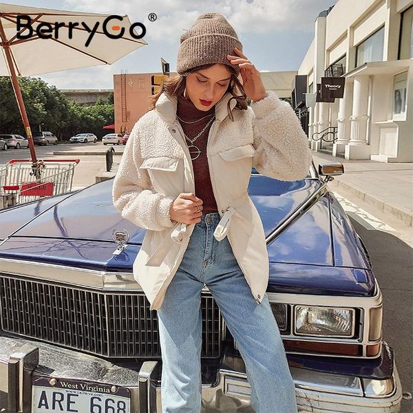 

berrygo causal solid white autumn winter women parkas warm stand collar long sleeve female jacket high street down jackets 2020, Black