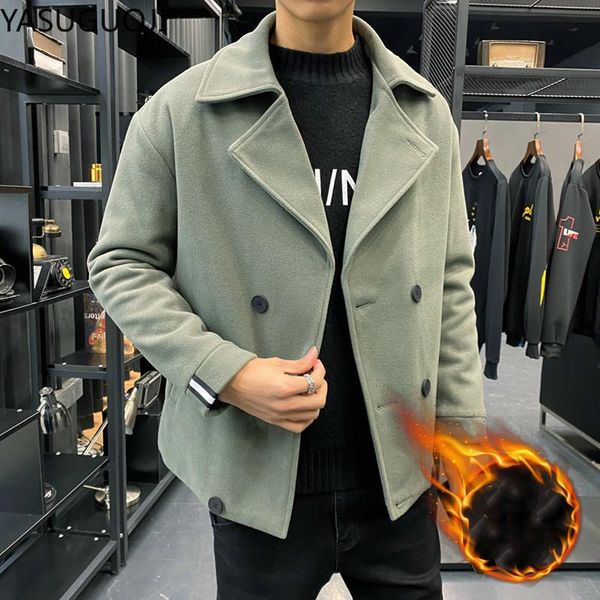 

yasuguoji new winter fashion men slim fit long sleeve double breasted blends coat short jacket suit solid mens woolen coats, Black