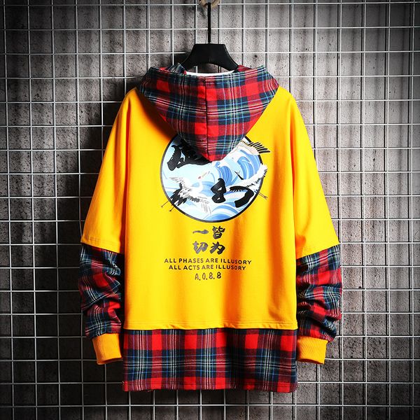 

oversized mens hoodies men 2020 chinese style plaid sweatshirt hip hop harajuku japanese streetwear yellow hoodie men, Black