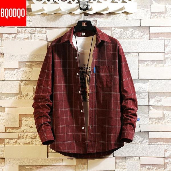 

streetwear japanese korean social shirts men red winter brand cotton blouses male fashion autumn long sleeve plaid casual shirt1, White;black