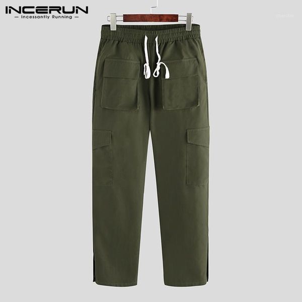 

incerun mens cargo pants drawstring joggers streetwear baggy 2020 multi-pockets solid casual pants army green trousers men s-5xl1, Black