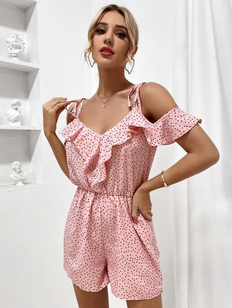 

polka dot cold shoulder romper 01x7#, White