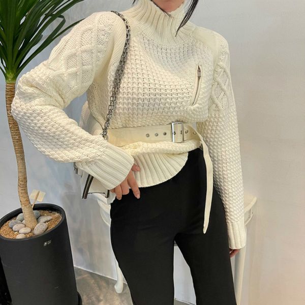 

winter clothes women white fashion loose high neck pullover sweater casual belt collect waist zipper knitted sweaters h1211, White;black