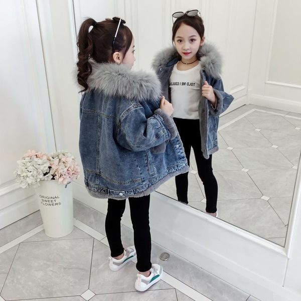 

patchwork pockets velvet thick denim jacket for teenage girls winter warm big fur hooded jeans coat children bomber jackets teen, Blue;gray