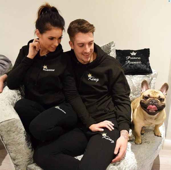 

autumn women men long sleeve casual couple king queen print hooded hoodies and pants set new tracksuit two piece clothing 201119, White