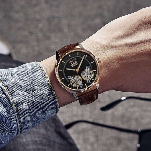 

men's two batch watch automatic tide hand watch mechanical watch men's flywheel hollow waterproof, Slivery;brown
