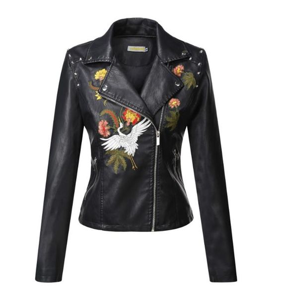 

women's leather & faux embroidered rivet jacket slim motorcycle lapel fashion handsome jackets, Black