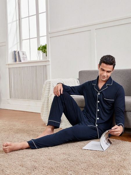 

men contrast piping pj set s9gy#, Black;brown