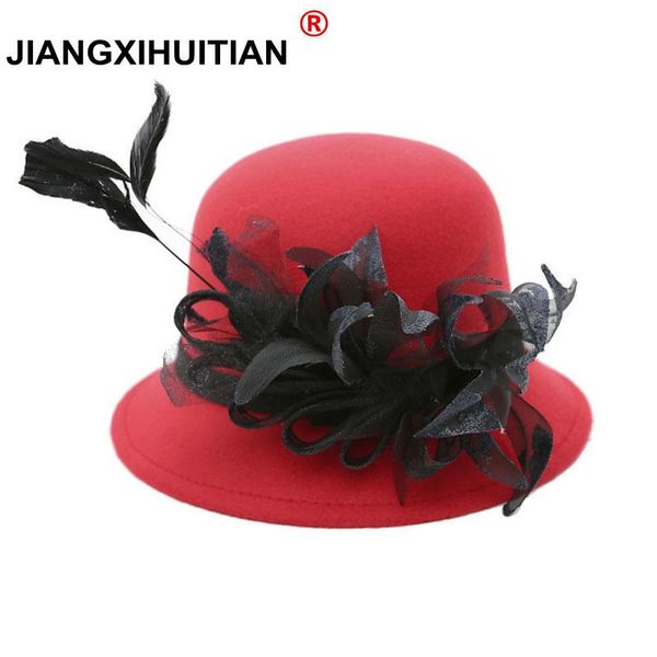 

stingy brim hats europe england korean fall winter women's fedora caps vintage sun for woman lady wide wool felt bowknot hat women, Blue;gray