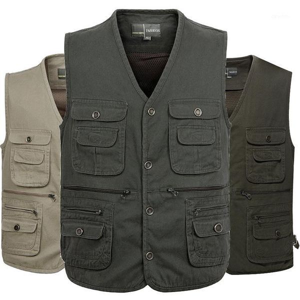 

2020 autumn men's clothing multi-pocket vest cotton v-neck single breasted casual vest1, Black;white