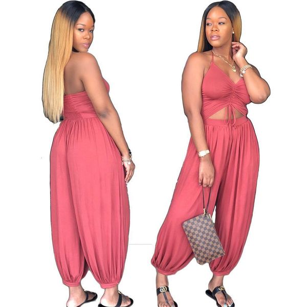 

casual loose halter neck jumpsuit waist cut-out backless one piece suit solid v-neck wide leg playsuit plus size 3xl, Black;white